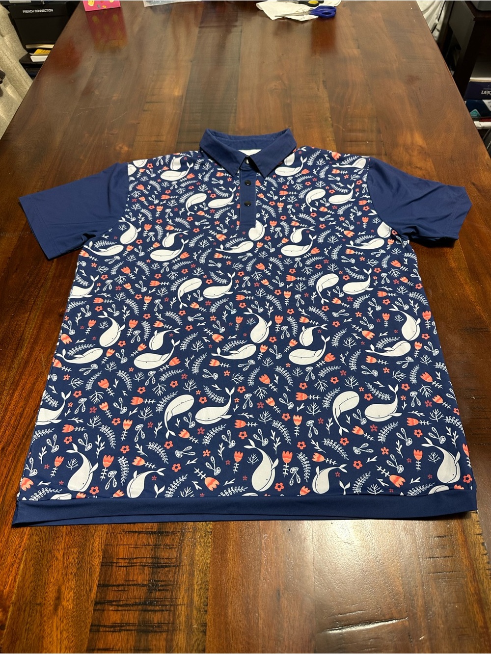 Chippopotamus Men’s Navy Floral Whale Golf Polo Shirt